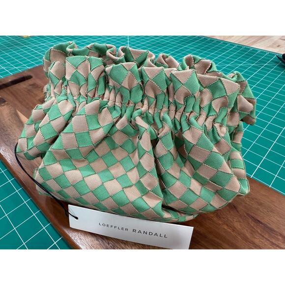 Loeffler Randall Woven Ribbon Crossbody Bag Green Tan Checkered NEW w/ Dust Bag - Picture 3 of 12